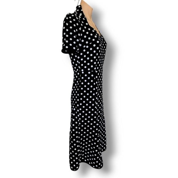 Retro-style black short sleeve white polka dot midi dress AU 10 12 14 NWOT - Picture 6 of 8